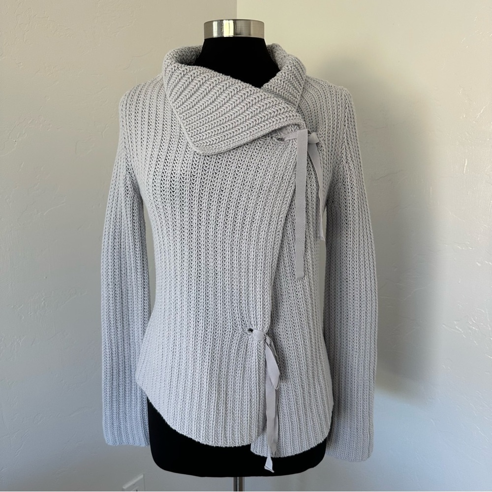 Moth Anthropologie Blue Mock Neck Tie Front Chunky Knit Cardigan Size S